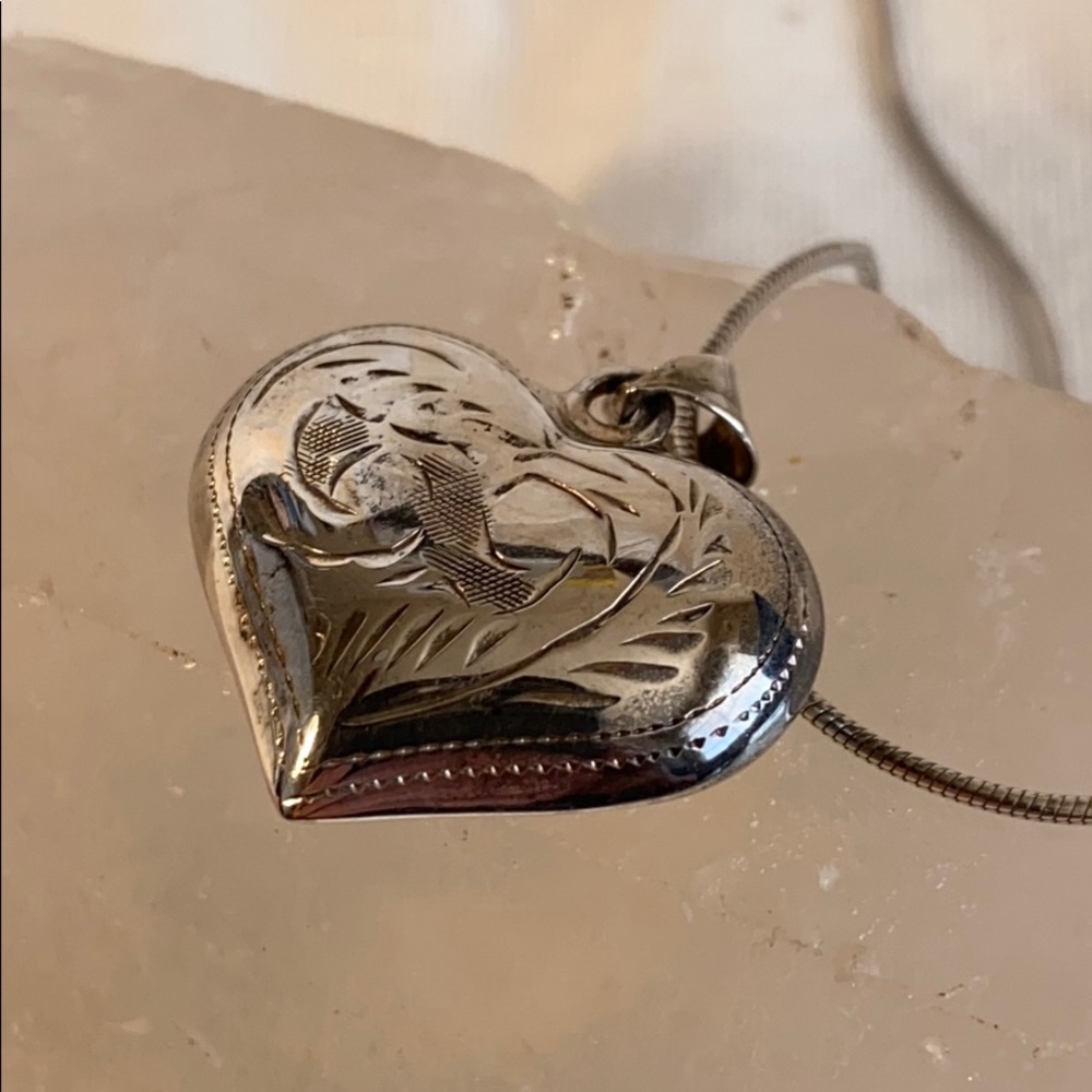 Sterling Etched Silver Puffy Heart Necklace 16”